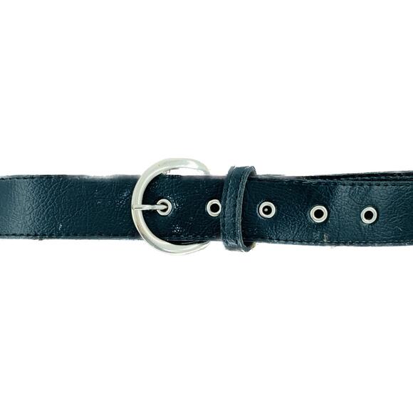 Black Faux Leather Belt 36 Inches Unisex Silver Buckle Eyelet Holes Imperfect - Picture 1 of 8